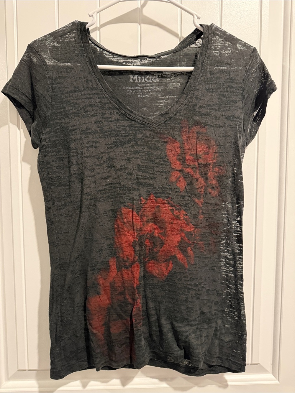Mudd Charcoal Sheer V-Neck Tee with Red Floral Accent
